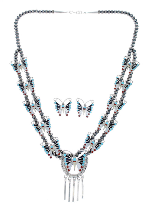 Zuni Sterling Silver Multicolor Butterfly Necklacke And Earrings Set AX127537
